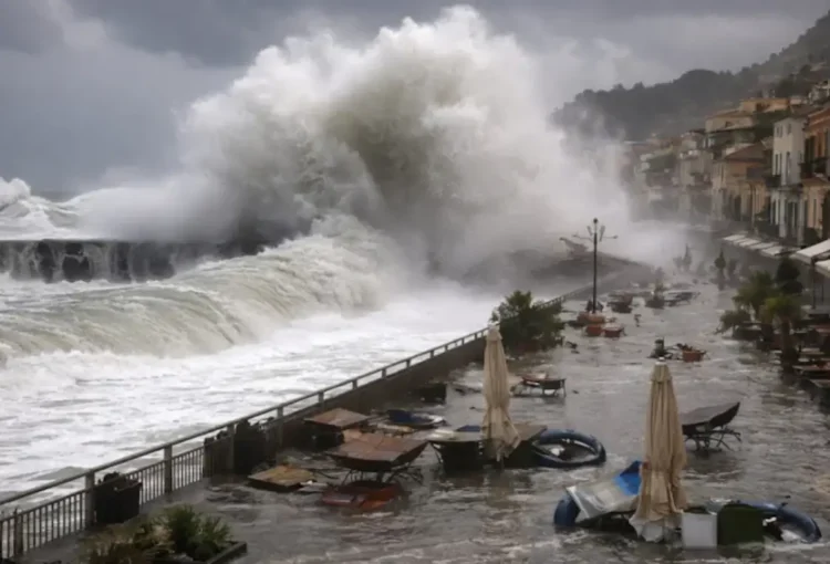 Mareggiata con onde altissime sul lungomare allagato, tra tavolini, ombrelloni e arredi dei locali rovesciati dall'acqua