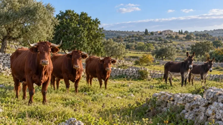 Bovina Modicana e Asino Ragusano al pascolo, razze autoctone di Ragusa. Immagine generata con intelligenza artificiale.