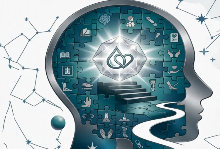 Testa a puzzle con icone sanitarie e cuore luminoso, allegoria dell’autismo. Immagine generata con intelligenza artificiale