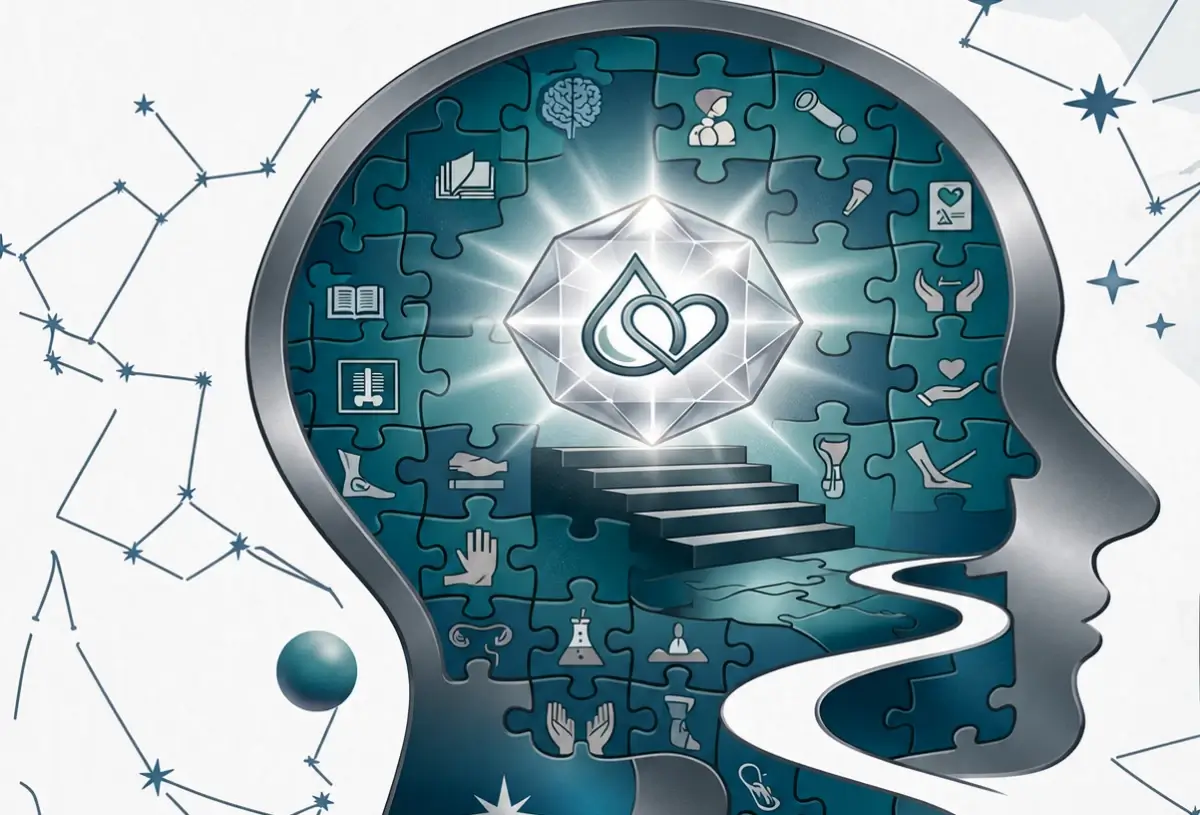 Testa a puzzle con icone sanitarie e cuore luminoso, allegoria dell’autismo. Immagine generata con intelligenza artificiale