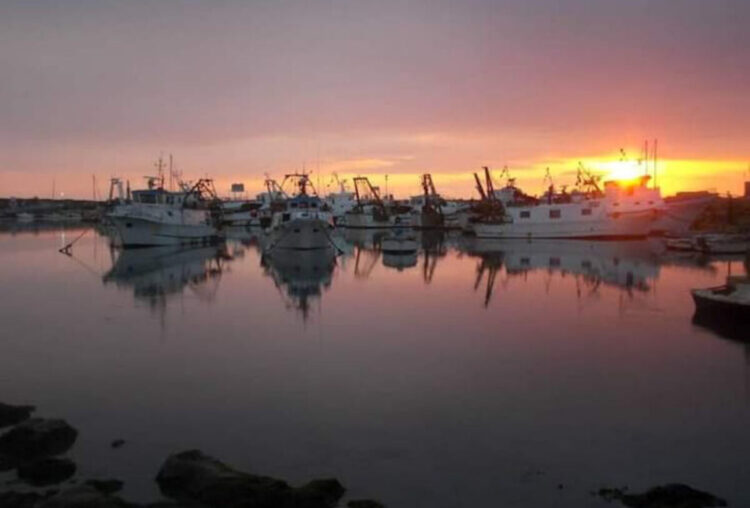 Pescherecci ormeggiati nel porto di Scoglitti al tramonto, con le barche riflesse nell’acqua calma