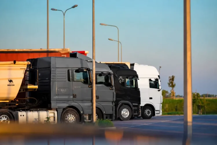 Tir fermi uno accanto all’altro in un piazzale di sosta al tramonto, con motrici grigie, nera e bianca