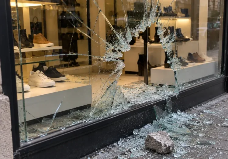 Vetrina di un negozio di scarpe sfondata, con una pietra tra i vetri sul marciapiede. Immagine generata con intelligenza artificiale.