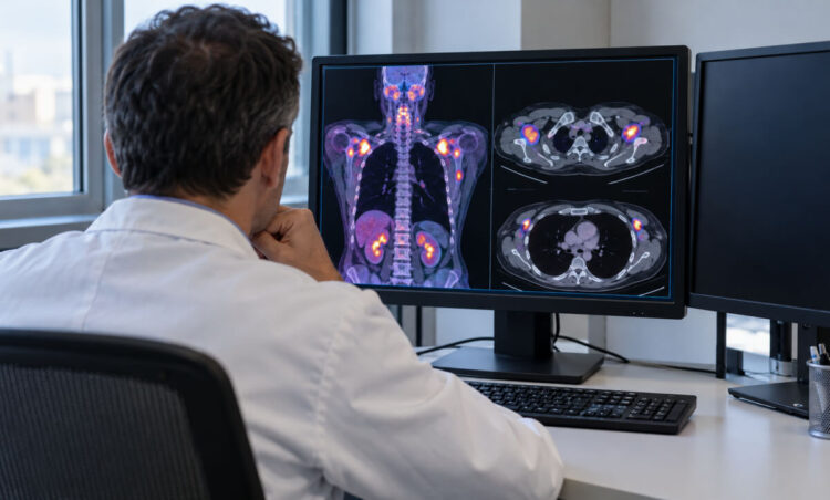 Scansione PET-TC del torace su un monitor per misurare il grasso bruno. Immagine generata con intelligenza artificiale