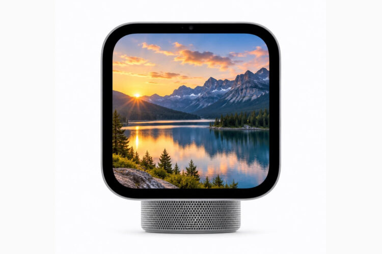 Altoparlante smart su una mensola accanto a un box per la TV. Immagine generata con intelligenza artificiale