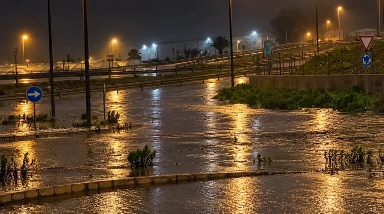 Maltempo a Ragusa: rotatoria e carreggiate allagate di notte, illuminate dai lampioni, con serre e capannoni sullo sfondo