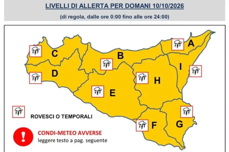 Mappa della Sicilia divisa in zone di allerta dalla A alla I, tutte in giallo, con simboli di temporali per il maltempo del 10 ottobre