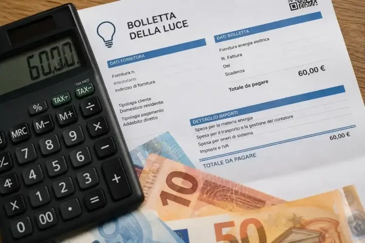Bolletta della luce da 60 euro accanto a una calcolatrice e a banconote da 10 e 50 euro, immagine simbolo del carovita