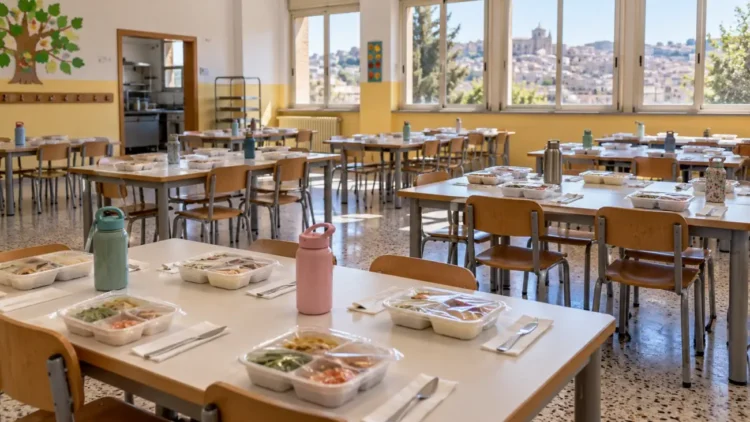 Mensa scolastica a Modica con vaschette di plastica sigillate sui tavoli. Immagine generata con intelligenza artificiale.
