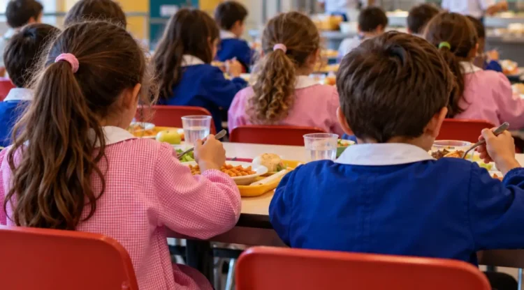 Bambini di spalle con grembiuli rosa e blu pranzano ai tavoli di una mensa scolastica. Immagine generata con intelligenza artificiale