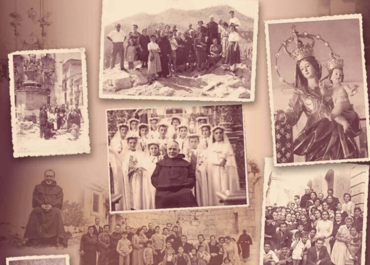 Collage di foto d’epoca in seppia per la mostra sui Carmelitani a Ragusa: frati, fedeli, bambine della prima comunione e Madonna