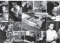 Collage di foto in bianco e nero di Sigfrido Bartolini che incide legni, stampa e tiene in mano un burattino di Pinocchio