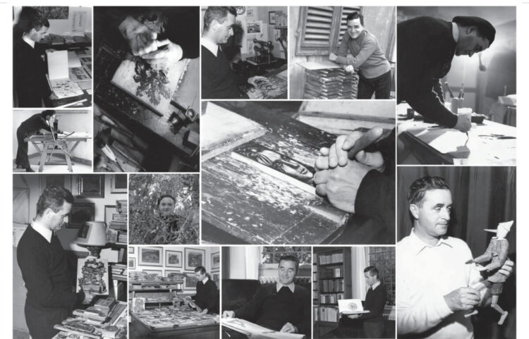Collage di foto in bianco e nero di Sigfrido Bartolini che incide legni, stampa e tiene in mano un burattino di Pinocchio