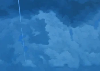 Dipinto di Simone Geraci: nubi bianche e azzurre su un cielo blu scuro, attraversato in verticale da una scia sottile