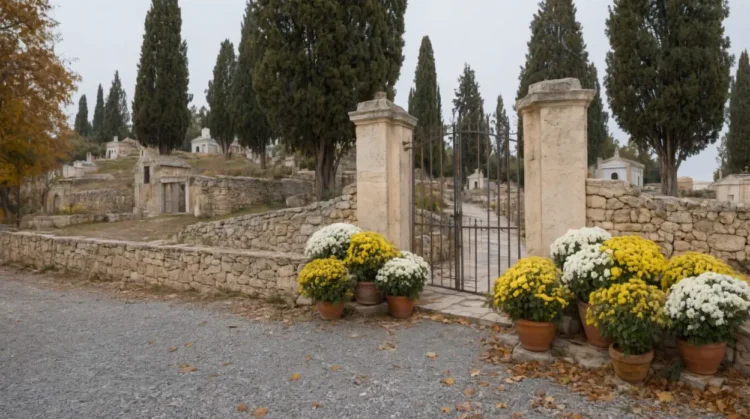 ’ingresso di un cimitero con crisantemi, come la navetta per il cimitero di Scicli. Immagine generata con intelligenza artificiale.