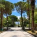 Viale lastricato della villa comunale tra pini, palme e lampioni sotto un cielo sereno. Immagine generata con intelligenza artificiale