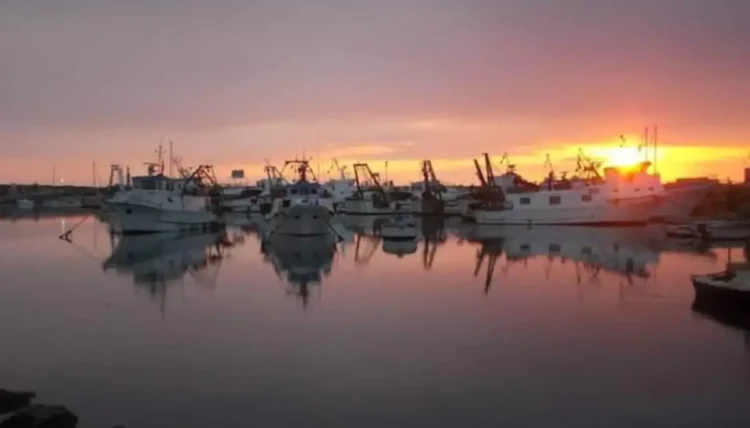 Pescherecci dei pescatori di Scoglitti ormeggiati nel porto al tramonto, con le sagome riflesse nell'acqua calma