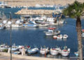 Pescherecci e piccole barche ormeggiati nel porto di Scoglitti, con il molo di massi sullo sfondo e palme in primo piano