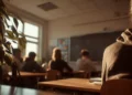Aula con studenti di spalle ai banchi davanti alla lavagna, quarto anno IeFP in Sicilia. Immagine generata con intelligenza artificiale