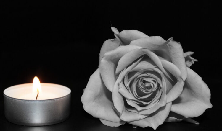 Un lumino acceso accanto a una rosa bianca su fondo nero