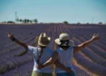 Due donne di spalle con cappello di paglia, abbracciate e a braccia aperte in un campo di lavanda: simbolo del reddito di libertà