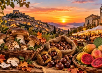 Porcini, castagne e fichi d’india agli stand di una sagra in Sicilia. Immagine generata con intelligenza artificiale