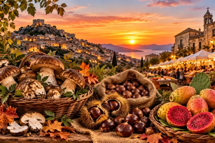 Porcini, castagne e fichi d’india agli stand di una sagra in Sicilia. Immagine generata con intelligenza artificiale
