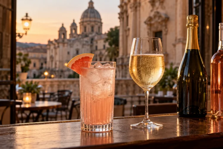 Due cocktail a base di vino, rosato e spumante, su un bancone. Immagine generata con intelligenza artificiale.