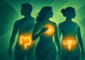 Tre sagome con colon, seno e utero illuminati, simbolo degli screening oncologici. Immagine generata con intelligenza artificiale