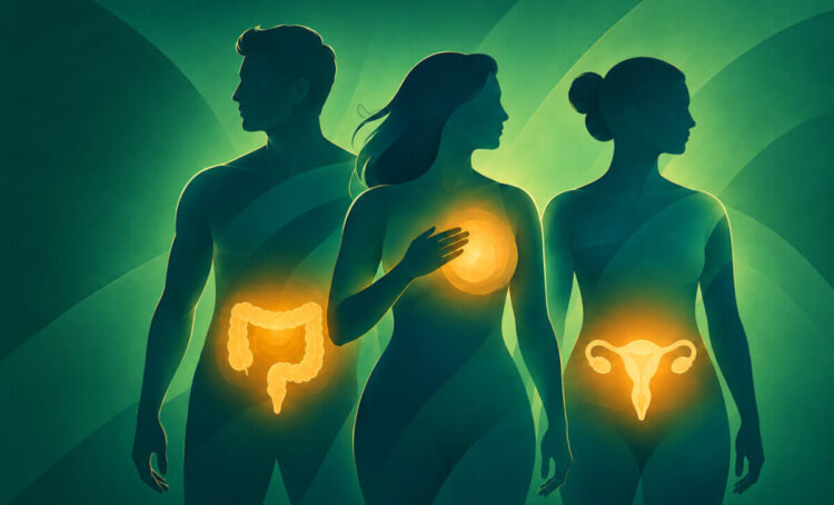 Tre sagome con colon, seno e utero illuminati, simbolo degli screening oncologici. Immagine generata con intelligenza artificiale