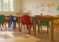 Aula vuota di una scuola dell’infanzia con sedie colorate, come nelle scuole paritarie di Vittoria. Immagine generata con intelligenza artificiale.