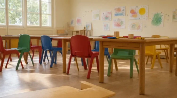 Aula vuota di una scuola dell’infanzia con sedie colorate, come nelle scuole paritarie di Vittoria. Immagine generata con intelligenza artificiale.