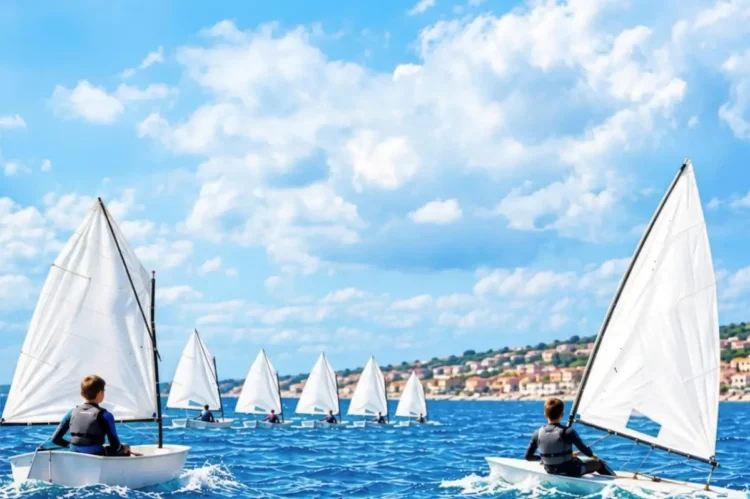 Settimana della vela: giovani su derive Optimist in regata sotto costa. Immagine generata con intelligenza artificiale