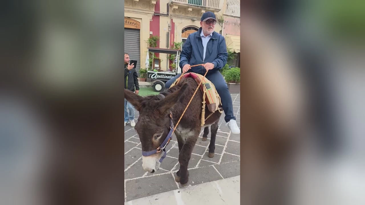 Il sindaco di Palazzolo Acreide in sella a un’asina scura con la sella imbottita, in una piazza lastricata del centro