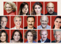 Collage di 14 ritratti di attrici e attori su fondo rosso, grafica promozionale della stagione teatrale a Ragusa