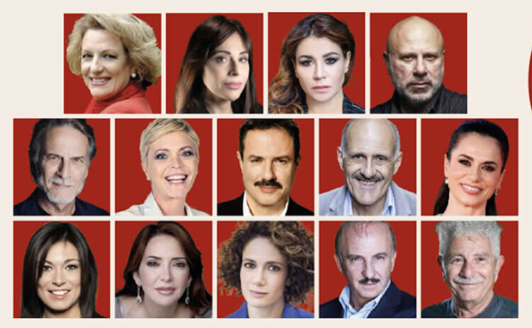 Collage di 14 ritratti di attrici e attori su fondo rosso, grafica promozionale della stagione teatrale a Ragusa