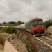 Treno storico con locomotiva diesel e carrozze d'epoca blu e crema in curva tra muretti a secco e macchia mediterranea
