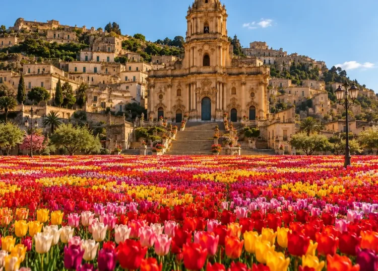 Tulipani davanti al Duomo di San Giorgio, Modica: illustrazione TuliPark Day. Immagine generata con intelligenza artificiale