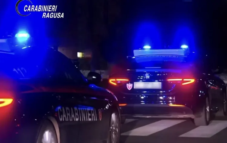 Due auto dei carabinieri con i lampeggianti blu accesi, ferme di notte vicino a un attraversamento pedonale